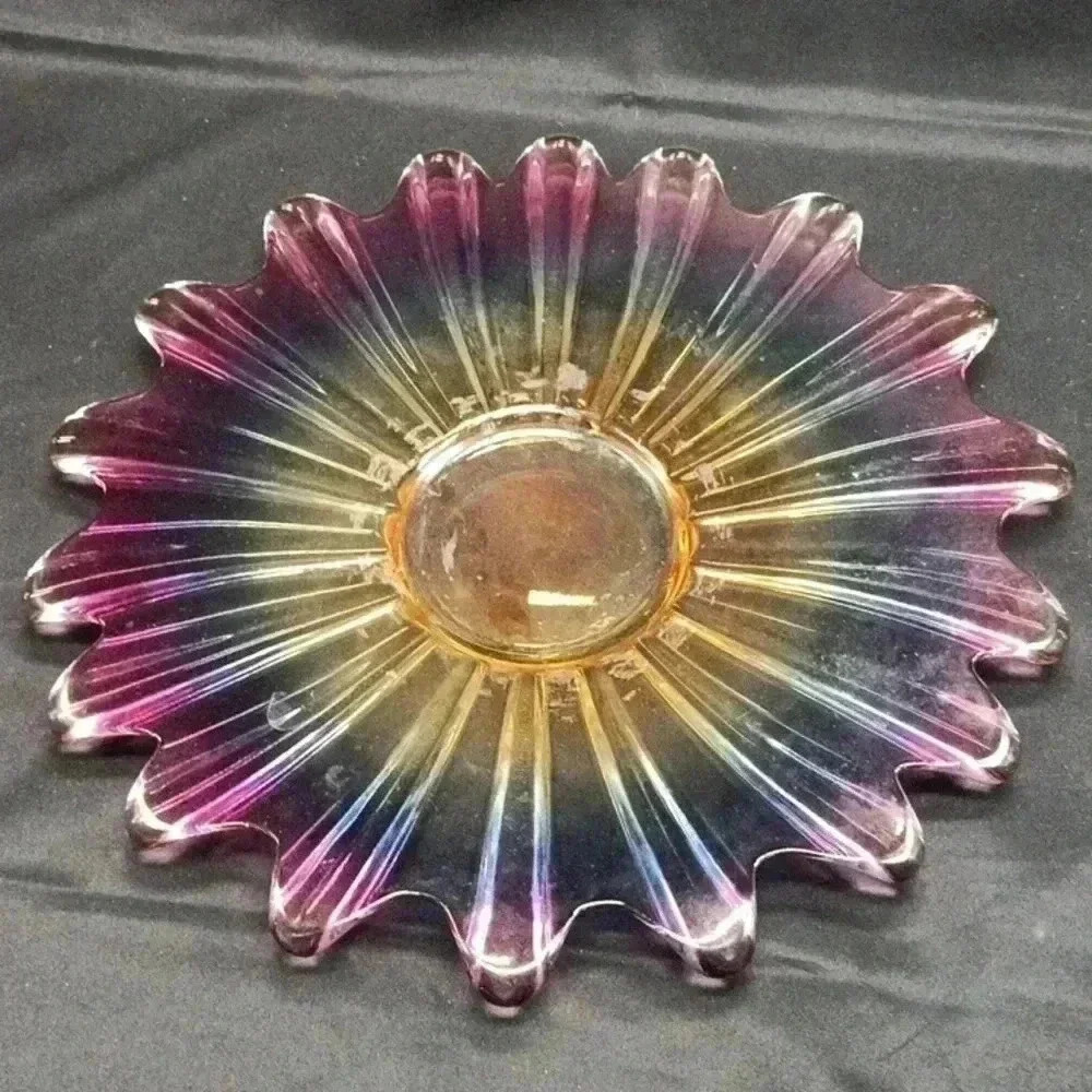 Vintage Sunburst Glass Serving Plate Multicolored 11.5"